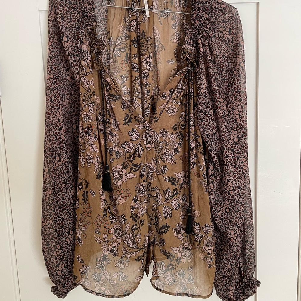 Free People Brown Floral Sheer Blouse with Pink and Black Accents